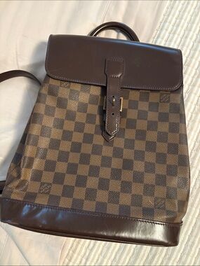 Brown Checkered Leather-Trim Backpack